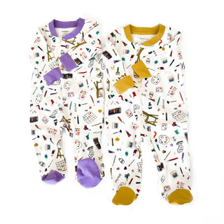 BabyCosy Sleepsuits 0-3 Months Stationery GOTS Organic Cotton Zip Up Sleepsuit 2-Pack in Yellow Purple