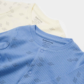 BabyCosy Sleepsuits Ribbed Elephant Modal & Organic Cotton Sleepsuit 2-Pack in Ecru Blue