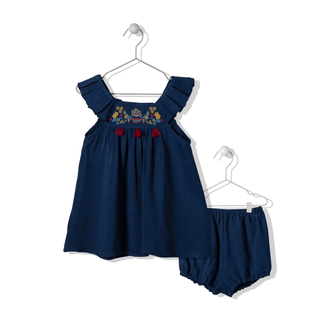 Bebetto Dresses 6-9 Months Festivity Embroidered 2 Piece Baby Girl Dress & Bloomer Set in Blue