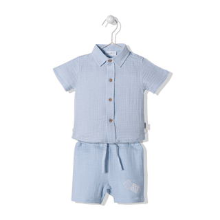 Bebetto Outfit Sets 6-9 Months / Blue Pastel Minis 2 Piece Baby Boy Woven Shirt & Shorts Set in Blue