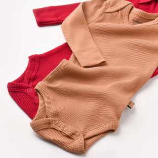 BabyCosy Bodysuits Ribbed Envelope Neckline Long Sleeve Bodysuit 2-Pack in Red Salmon