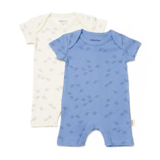 BabyCosy Rompers 0-3 Months Ribbed Elephant Modal & Organic Cotton Romper 2-Pack in Ecru Blue