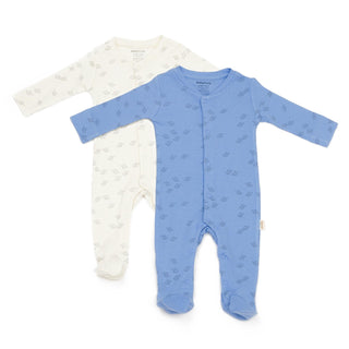 BabyCosy Sleepsuits 0-3 Months / Ecru Blue Ribbed Elephant Modal & Organic Cotton Sleepsuit 2-Pack in Ecru Blue