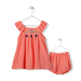 Bebetto Dresses 6-9 Months / Spiced Coral Festivity Embroidered 2 Piece Baby Girl Dress & Bloomer Set