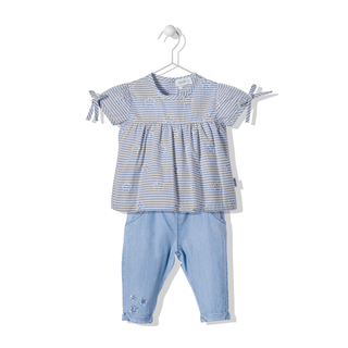 Bebetto Outfit Sets 6-9 Months Pastel Minis 2 Piece Baby Girl Blouse & Trousers Set in Blue