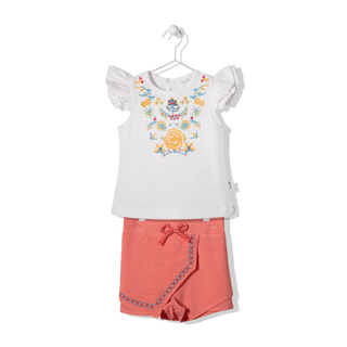 Bebetto Outfit Sets 6-9 Months / Spiced Coral Festivity Embroidered 2 Piece T-Shirt & Shorts Set
