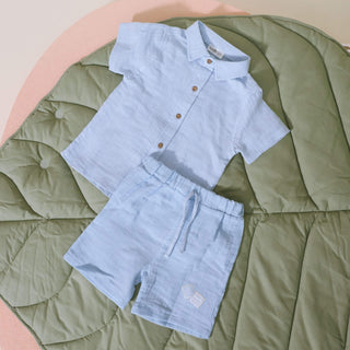 Bebetto Outfit Sets Pastel Minis 2 Piece Baby Boy Woven Shirt & Shorts Set in Blue